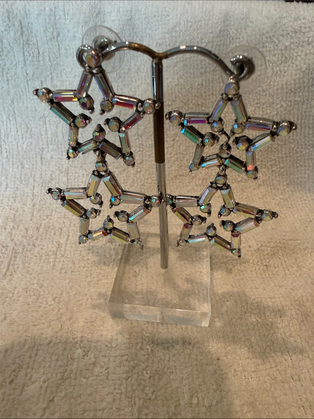 Iridescent Star Drop Earrings - Clear/Silver Sparkle